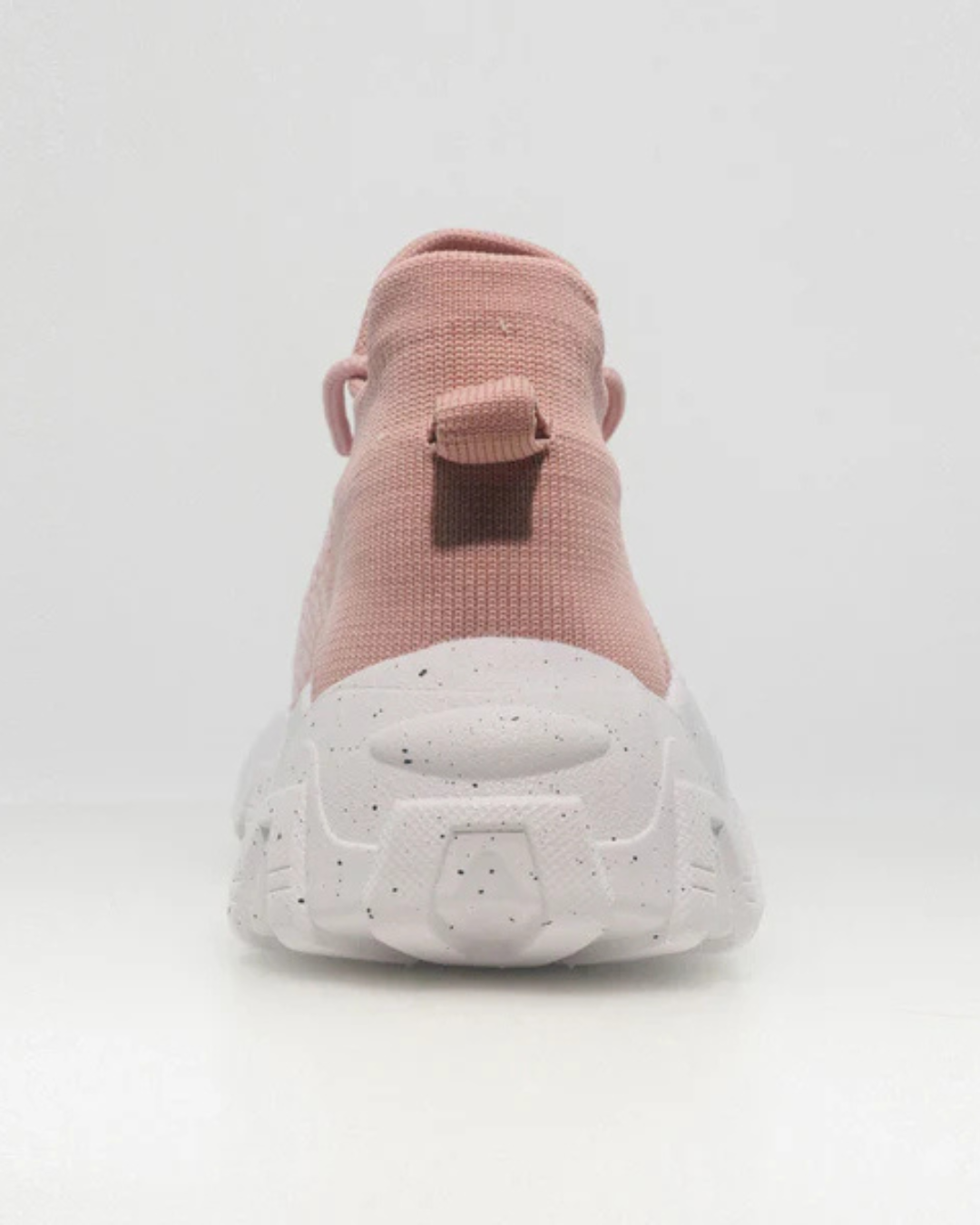 Back view of OrthoEase Luxe Blush sneaker featuring speckled heel