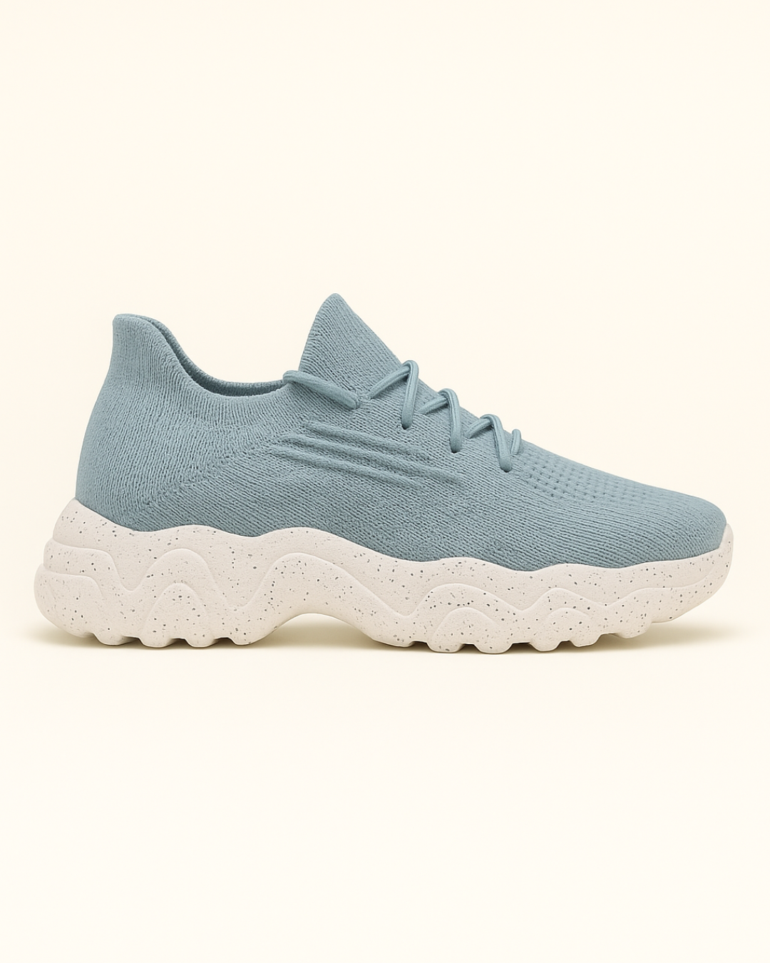 Left side view of OrthoEase Luxe Glacier sneakers in light blue knit with white sole