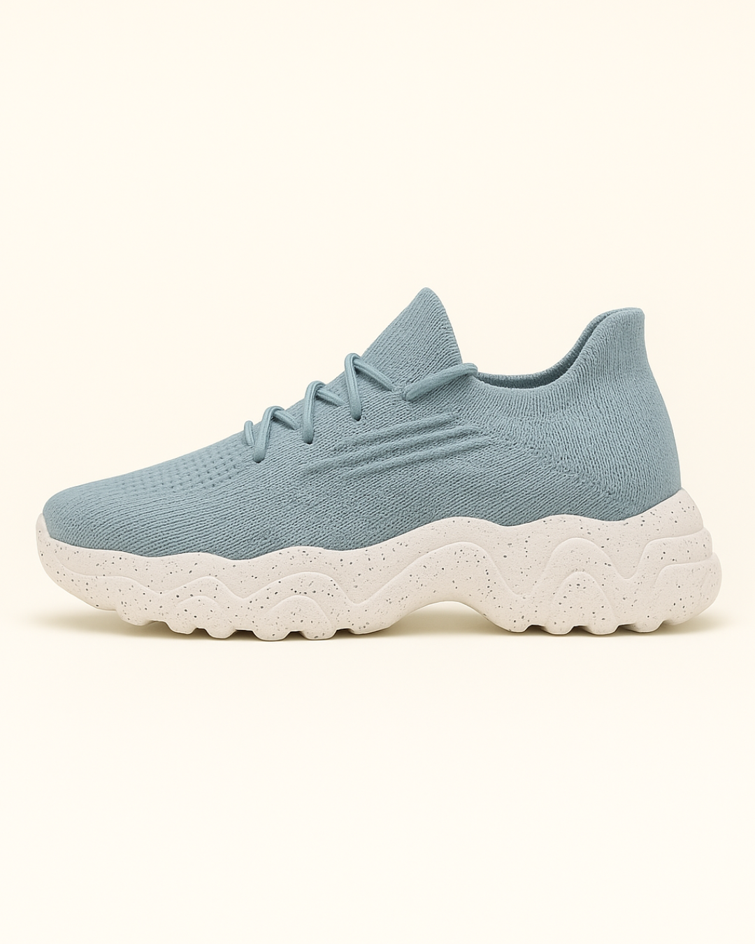 Right side of OrthoEase Luxe Glacier orthopedic sneakers with breathable blue upper and speckled sole