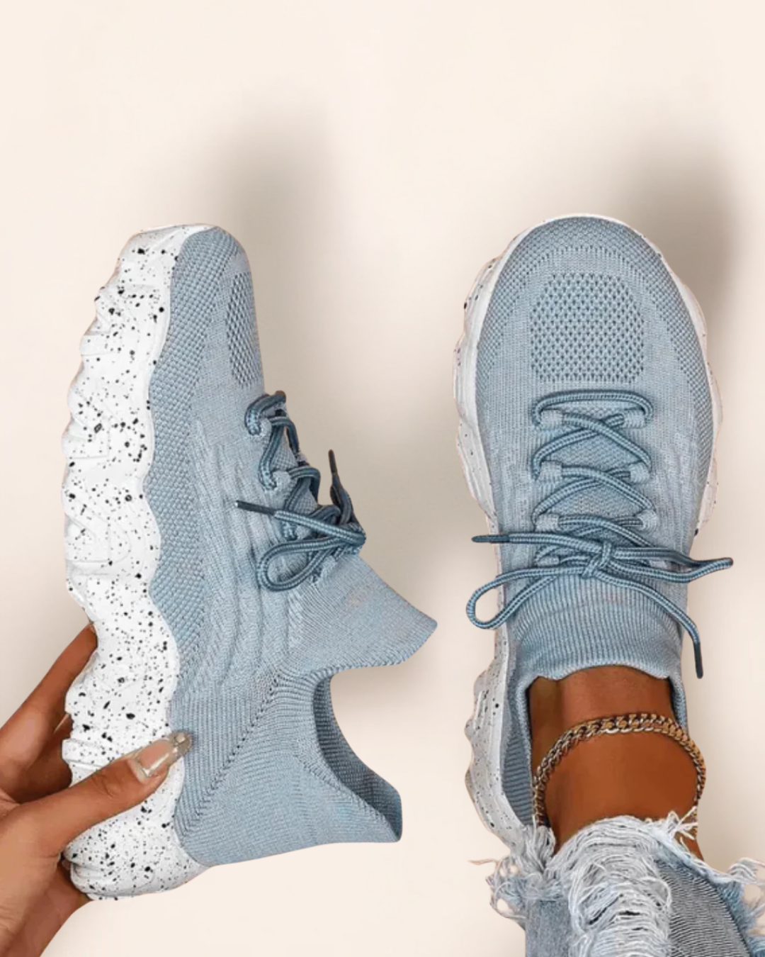 Top view of OrthoEase Luxe Glacier sneakers in light blue with white speckled sole