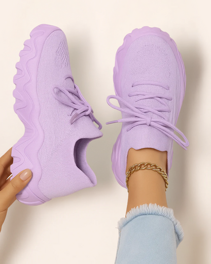 Top view of OrthoEase Luxe Lilac sneakers in soft purple knit with matching sole
