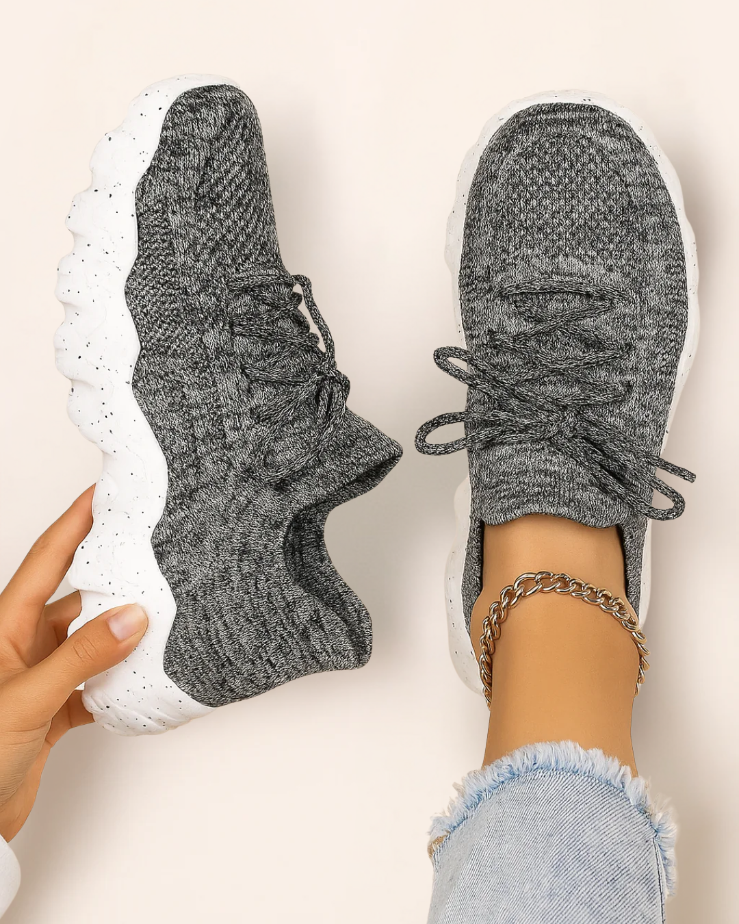 Top view of OrthoEase Luxe Marble sneakers in grey knit with white and black speckled sole