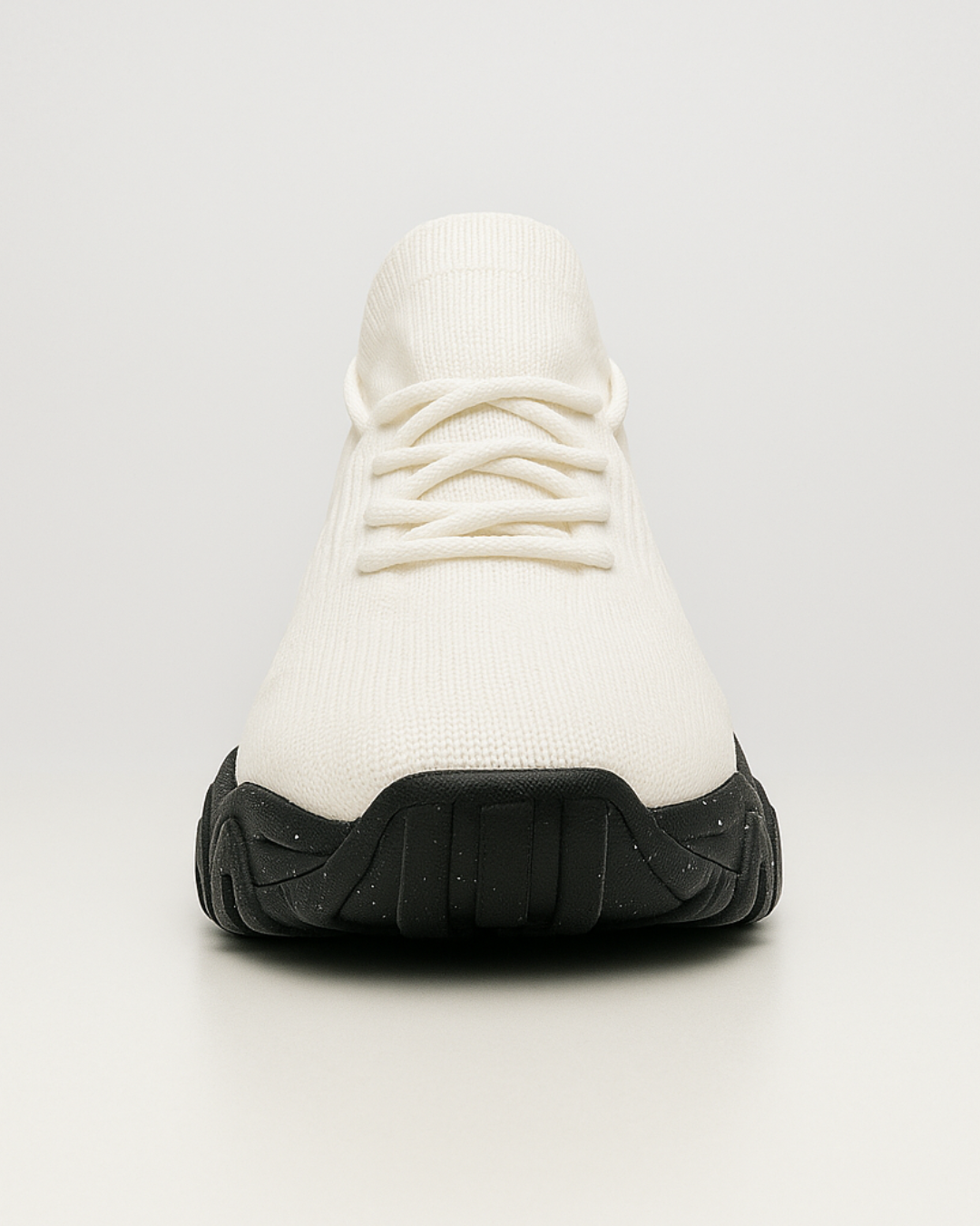 Front view of OrthoEase Luxe Reverse shoes with white knit and black sole