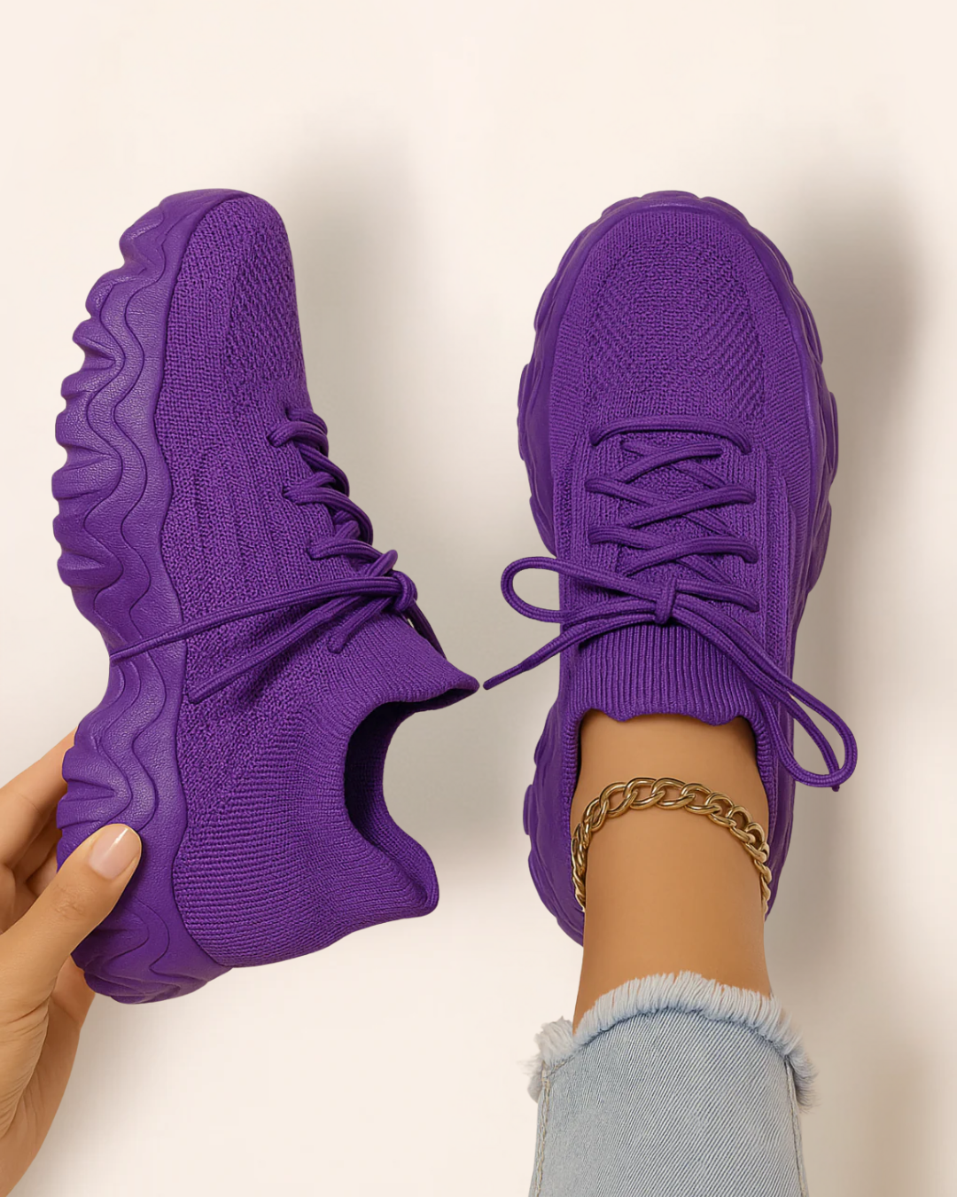 Top view of OrthoEase Luxe Royal sneakers in vibrant purple with matching sole