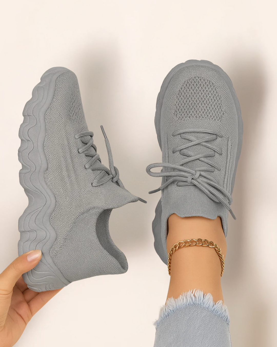 Top view of OrthoEase Luxe Silver sneakers in light grey knit with tone-on-tone sole