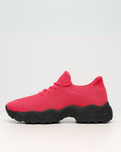 Right side of OrthoEase Luxe Voltage Pink sneakers with breathable mesh upper