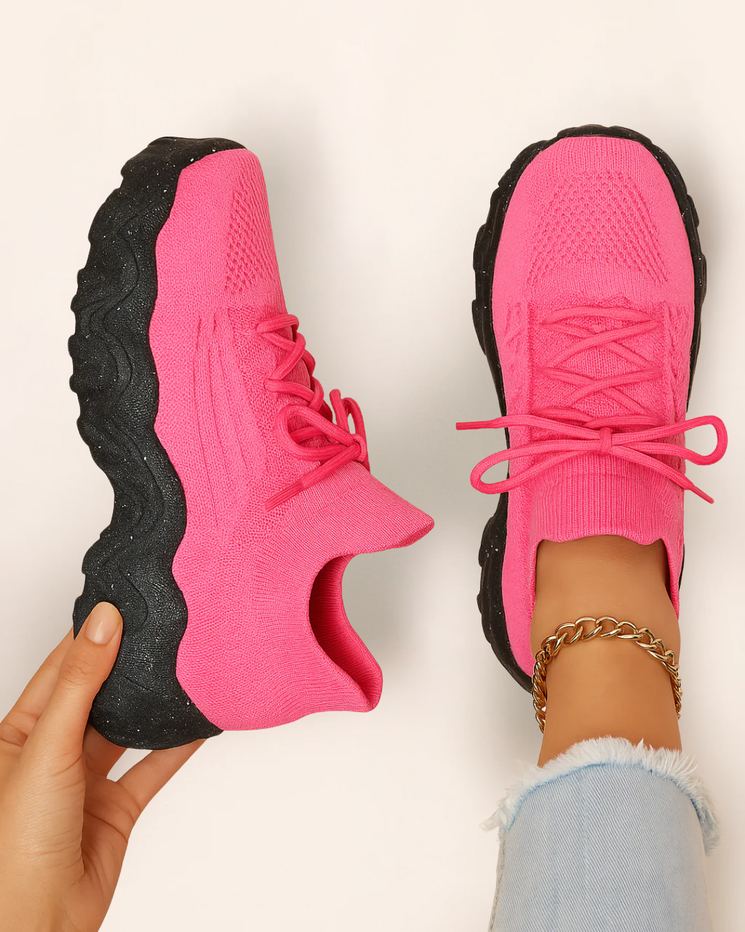Top view of OrthoEase Luxe Voltage Pink sneakers with bold pink knit and black sole